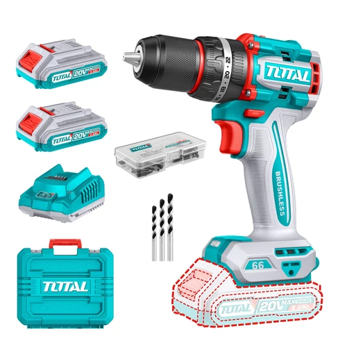 TOTAL Tools Kompakt kefe nélküli fúrógép 2000prm/66Nm/P20S/ INDUSTRIAL (SET Akkumulátor 2x2Ah, Charger, Töltő, Koffer)