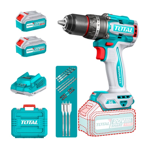 TOTAL Tools Kompakt kefe nélküli fúrógép 2000prm/96Nm/P20S/ INDUSTRIAL (SET Akkumulátor 2x4Ah, Charger, Töltő, Koffer)